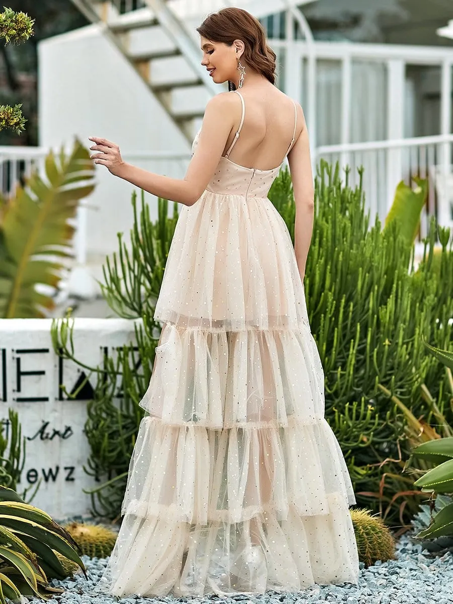 Sexy Deep V Neck Spaghetti Strap Mid-Rib Layered Tulle Long Back Dress