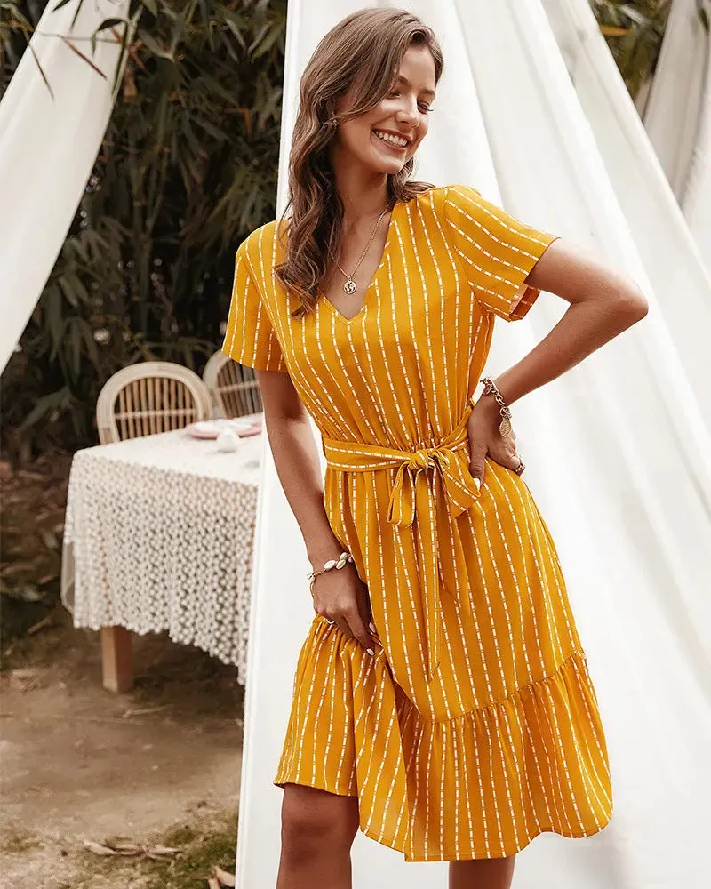 Short Sleeve Tie Waist Midi Dress