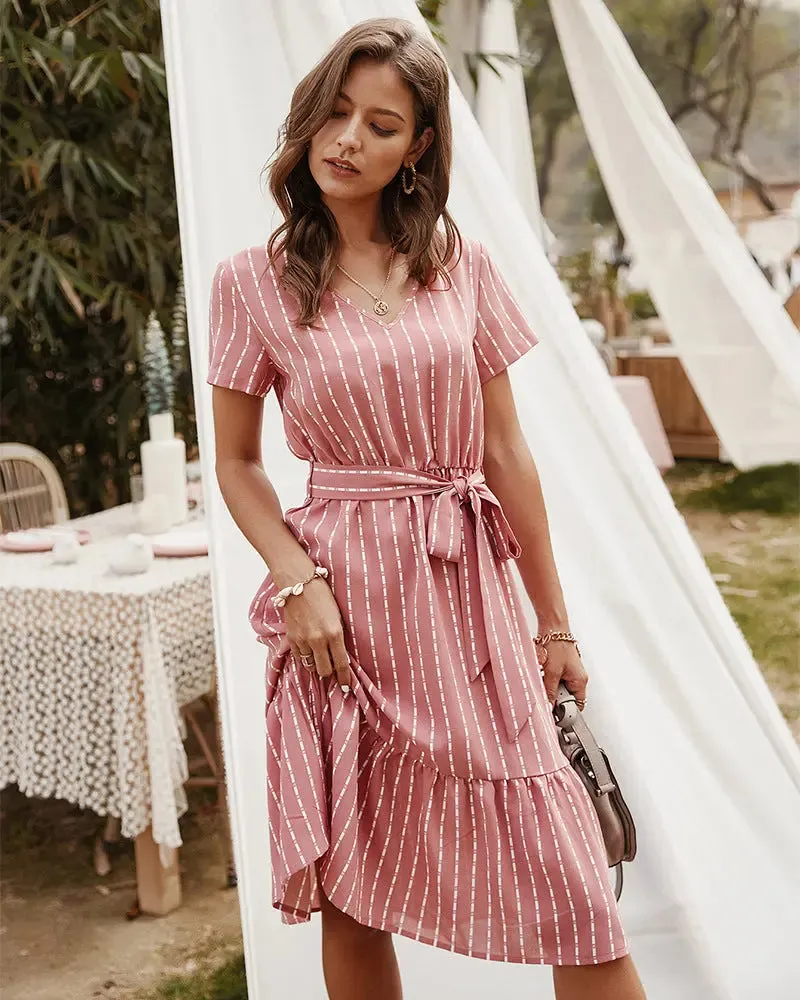 Short Sleeve Tie Waist Midi Dress