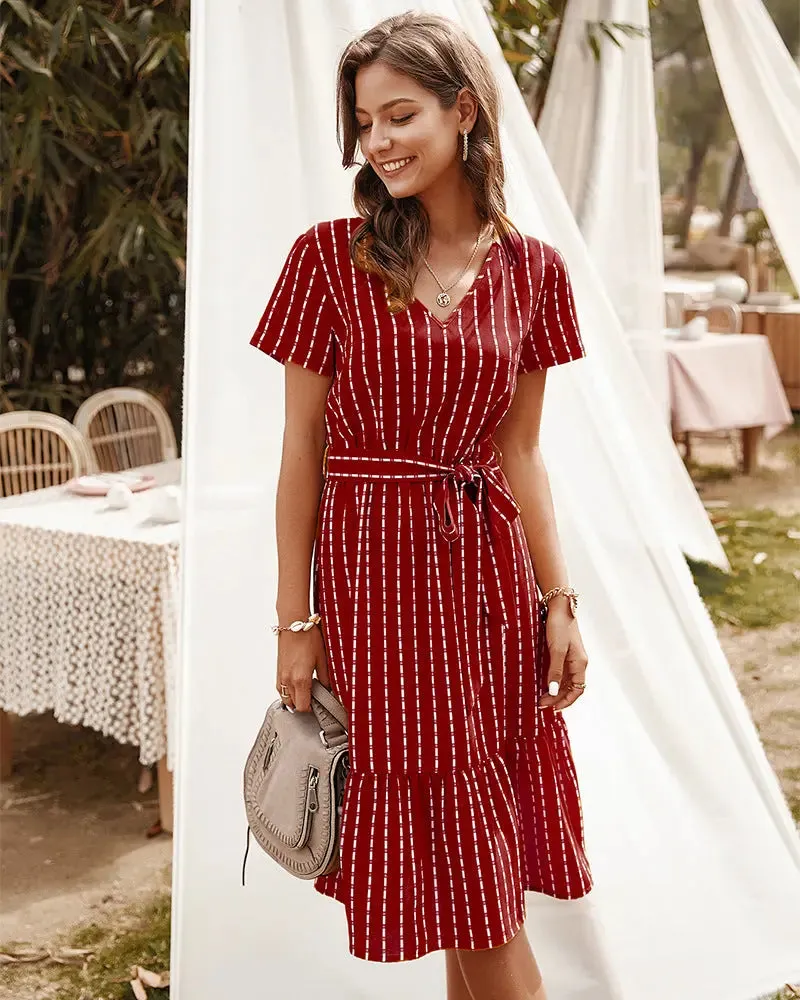 Short Sleeve Tie Waist Midi Dress