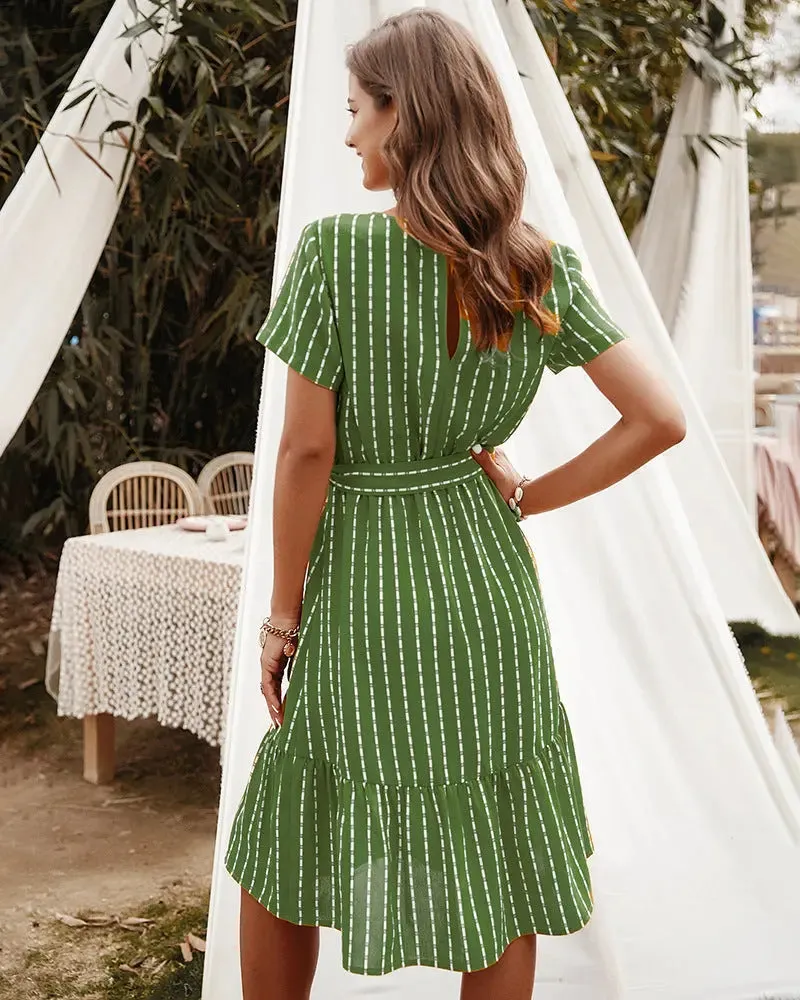 Short Sleeve Tie Waist Midi Dress