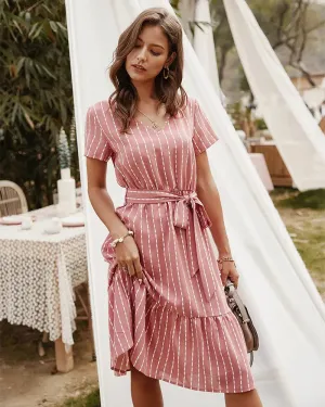 Short Sleeve Tie Waist Midi Dress