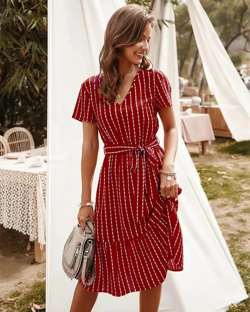Short Sleeve Tie Waist Midi Dress