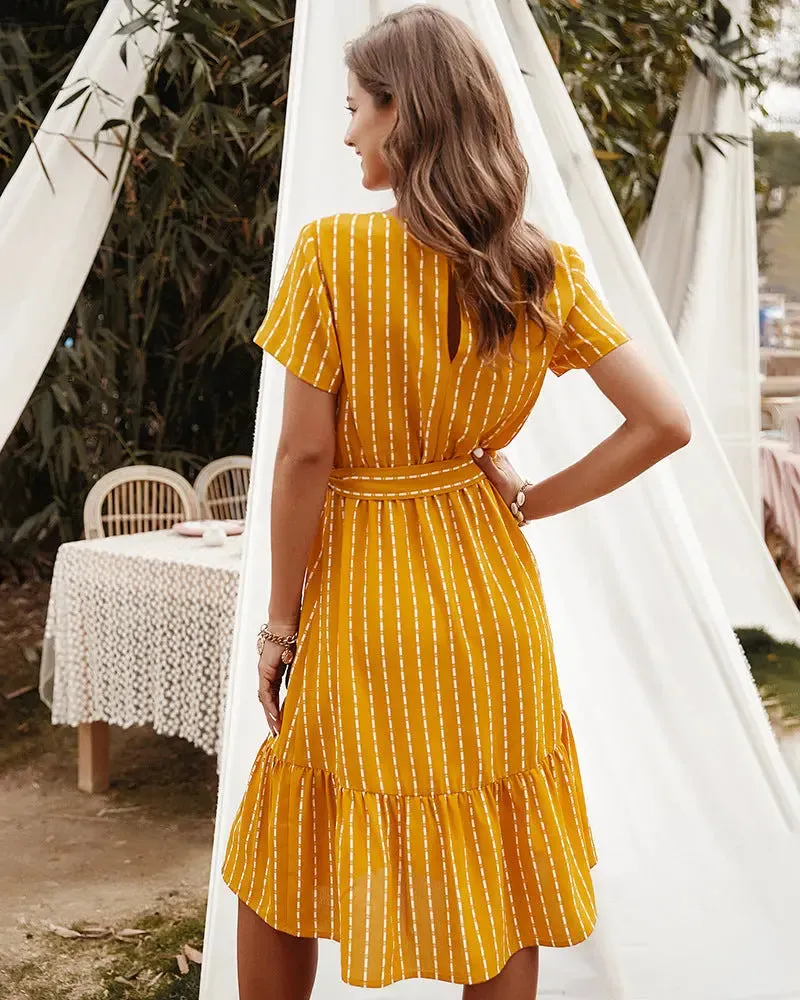 Short Sleeve Tie Waist Midi Dress