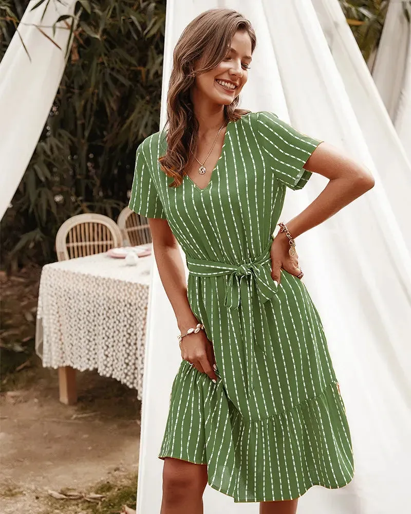 Short Sleeve Tie Waist Midi Dress