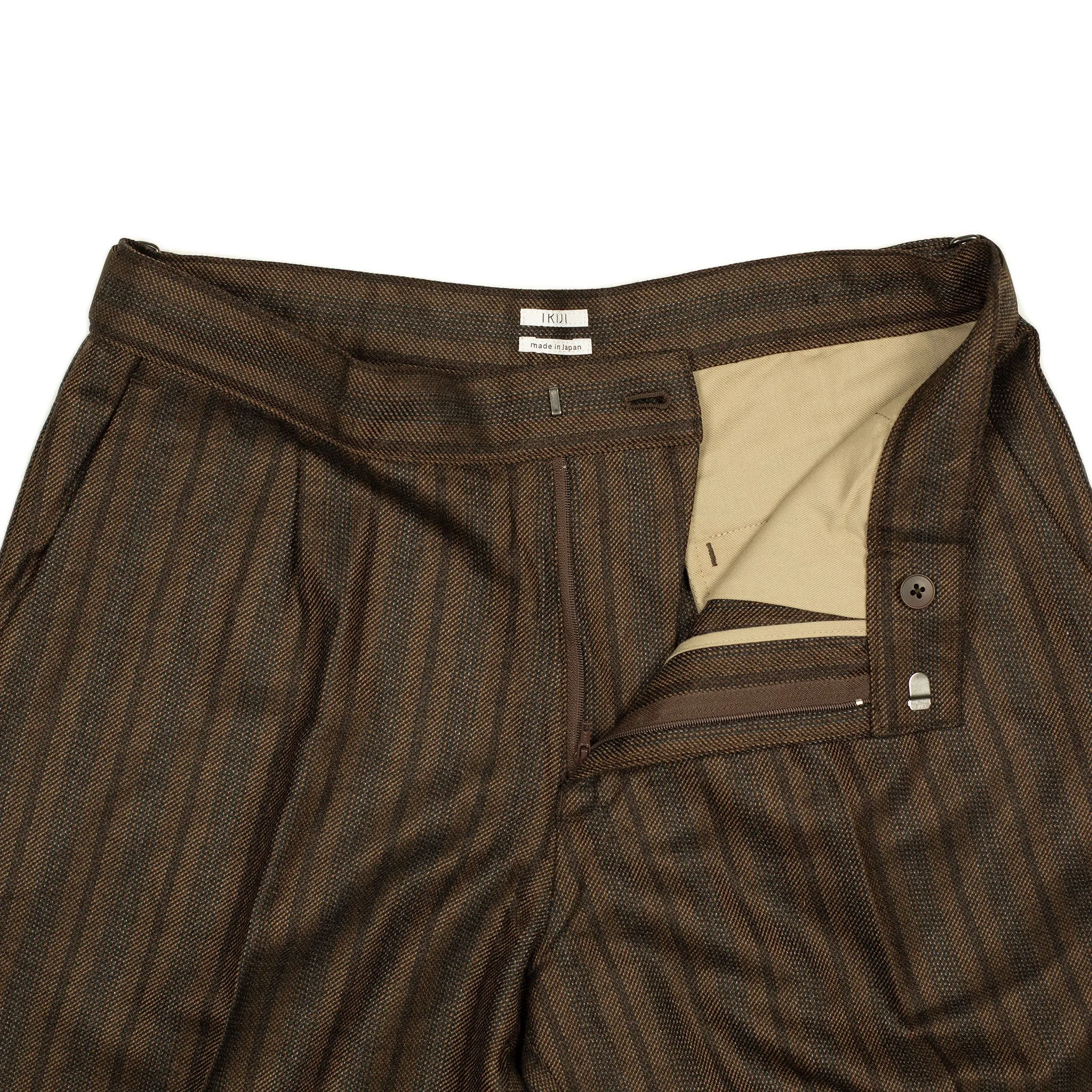 Side tab trousers in brown and grey striped wool twill