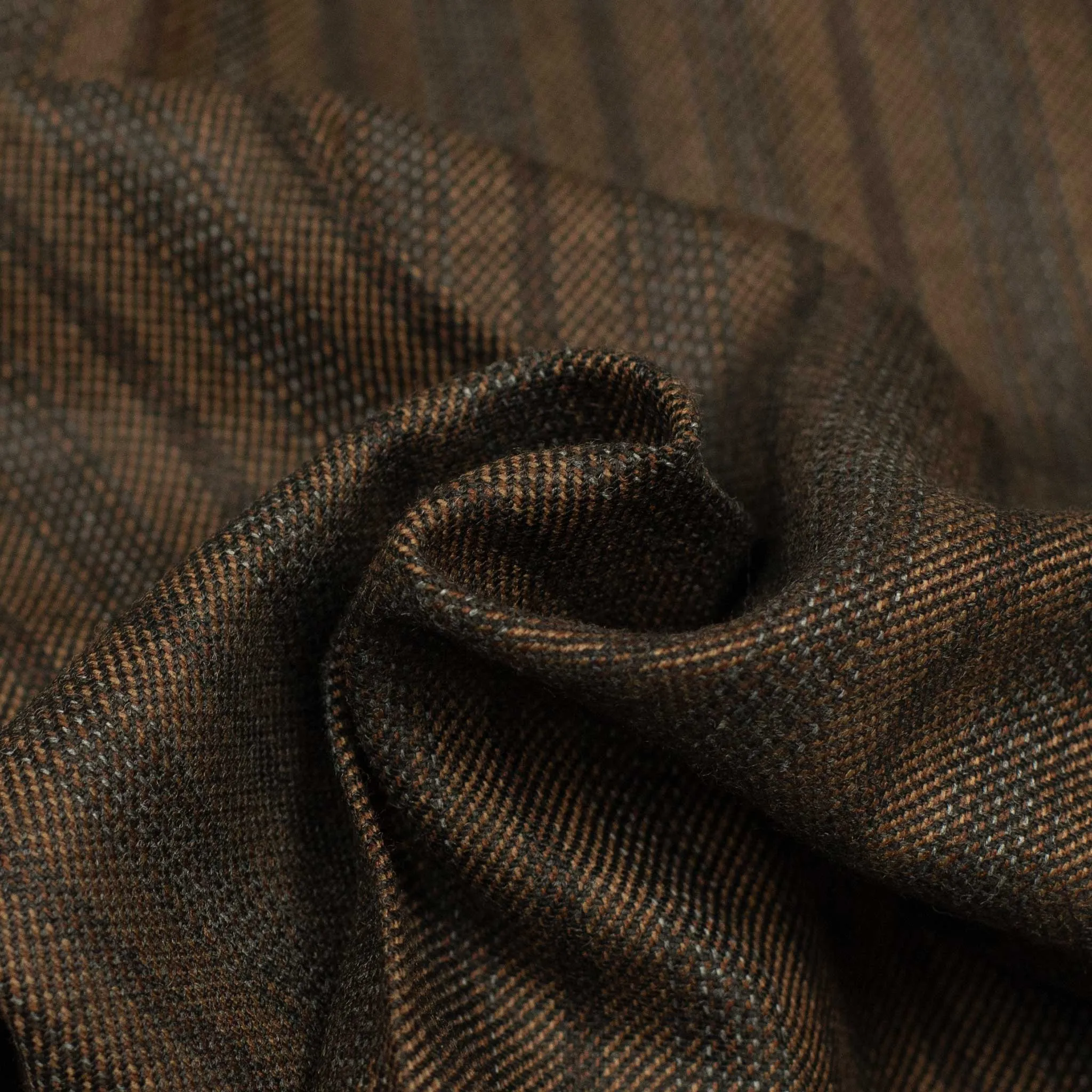 Side tab trousers in brown and grey striped wool twill