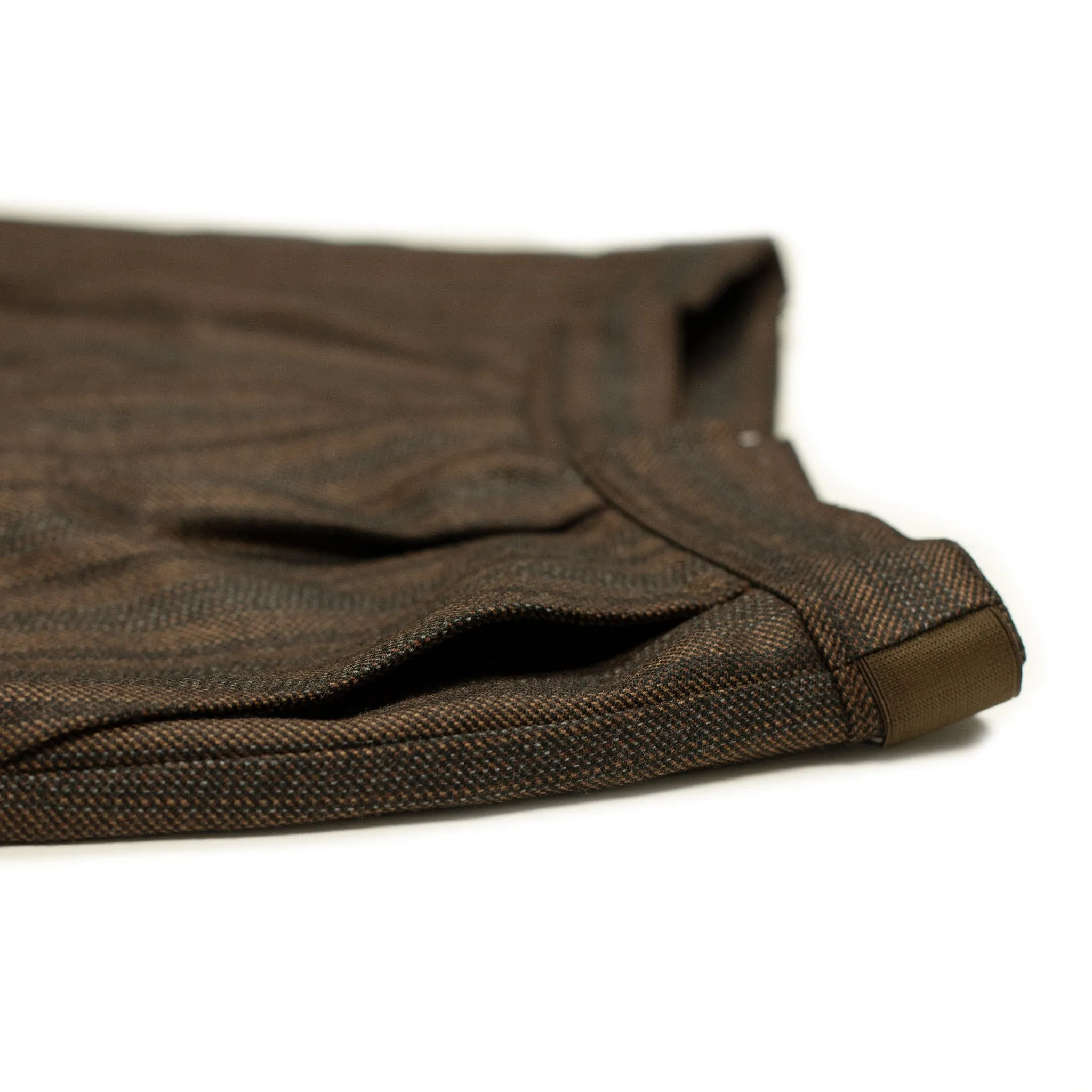 Side tab trousers in brown and grey striped wool twill
