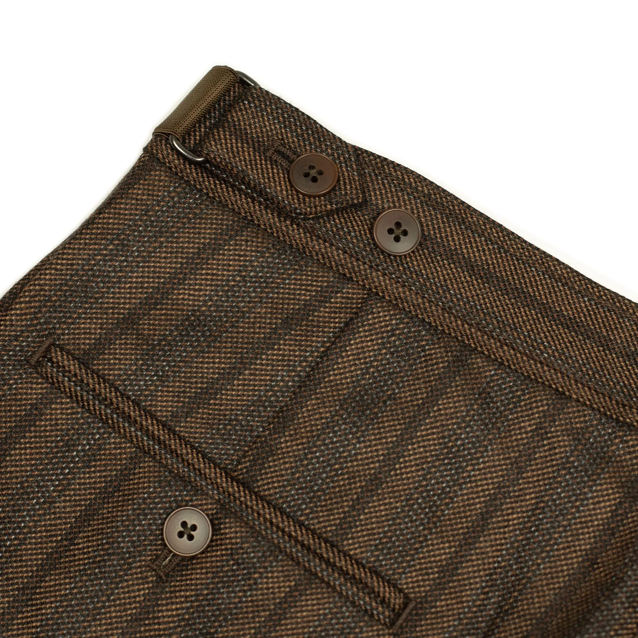 Side tab trousers in brown and grey striped wool twill