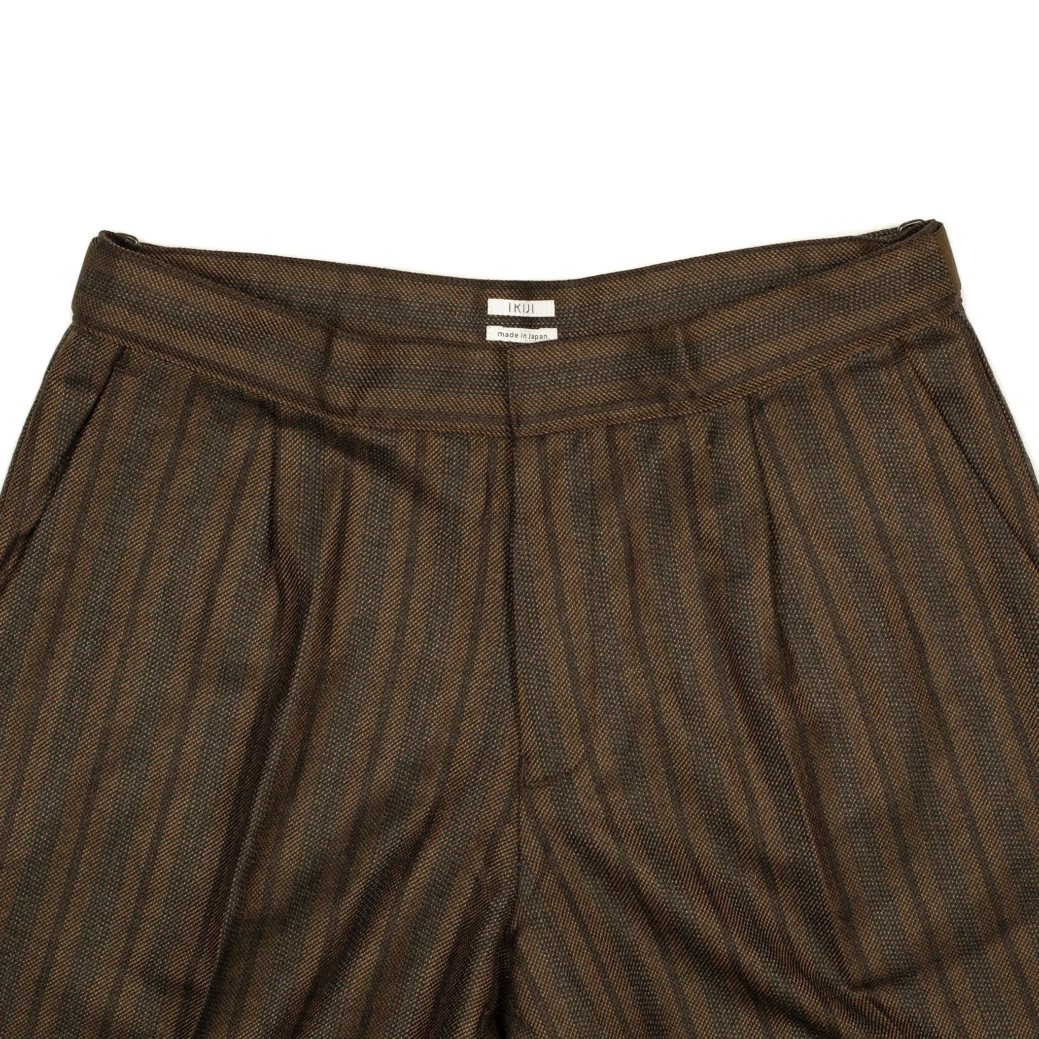 Side tab trousers in brown and grey striped wool twill