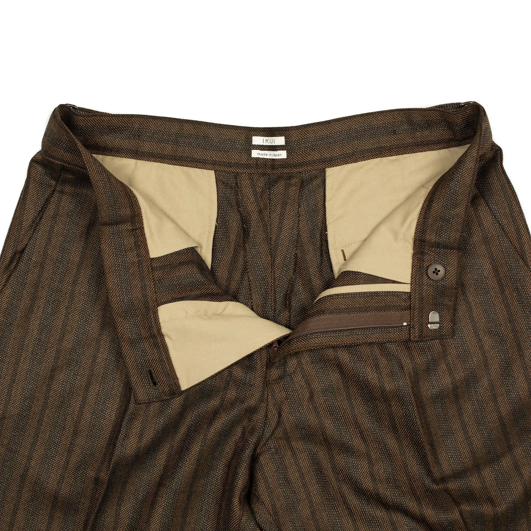 Side tab trousers in brown and grey striped wool twill