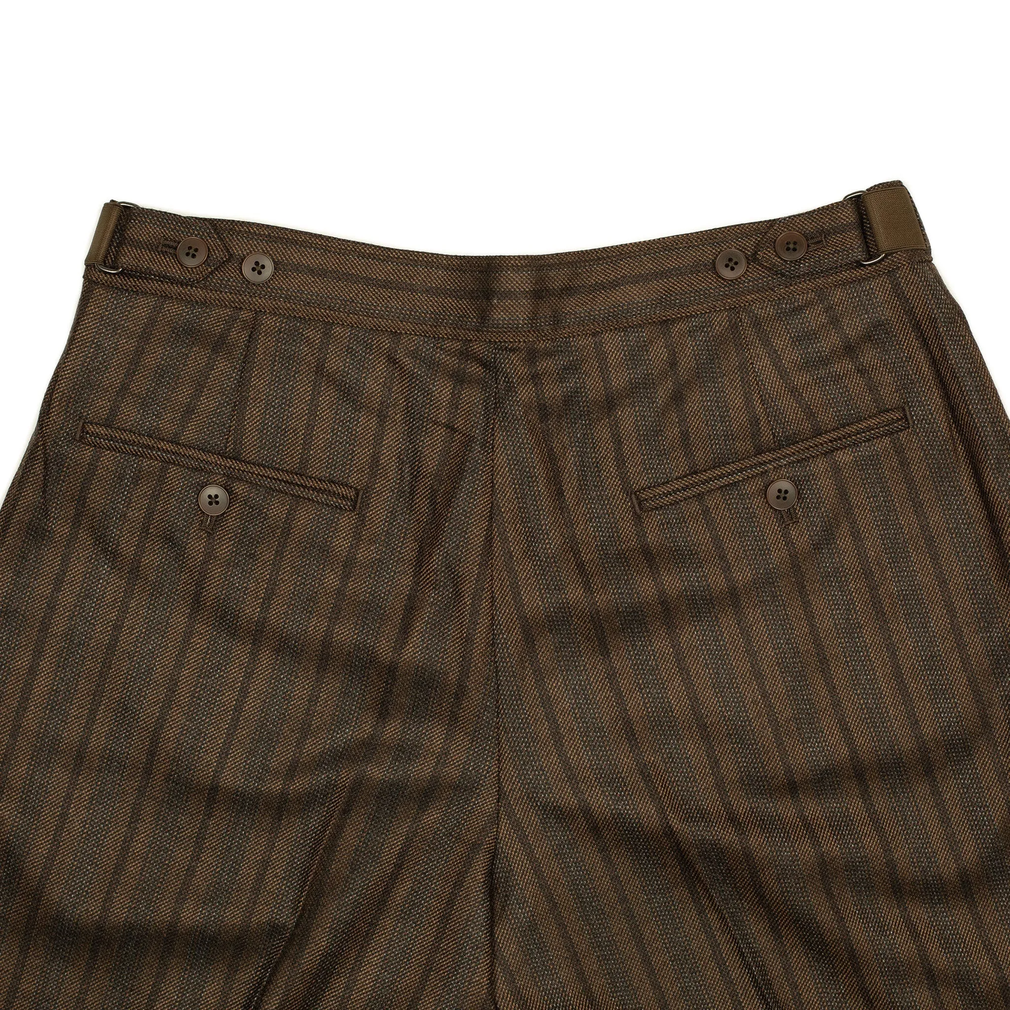 Side tab trousers in brown and grey striped wool twill