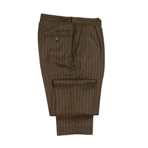 Side tab trousers in brown and grey striped wool twill