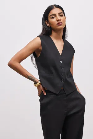 Straight Cut Linen Waistcoat - Black