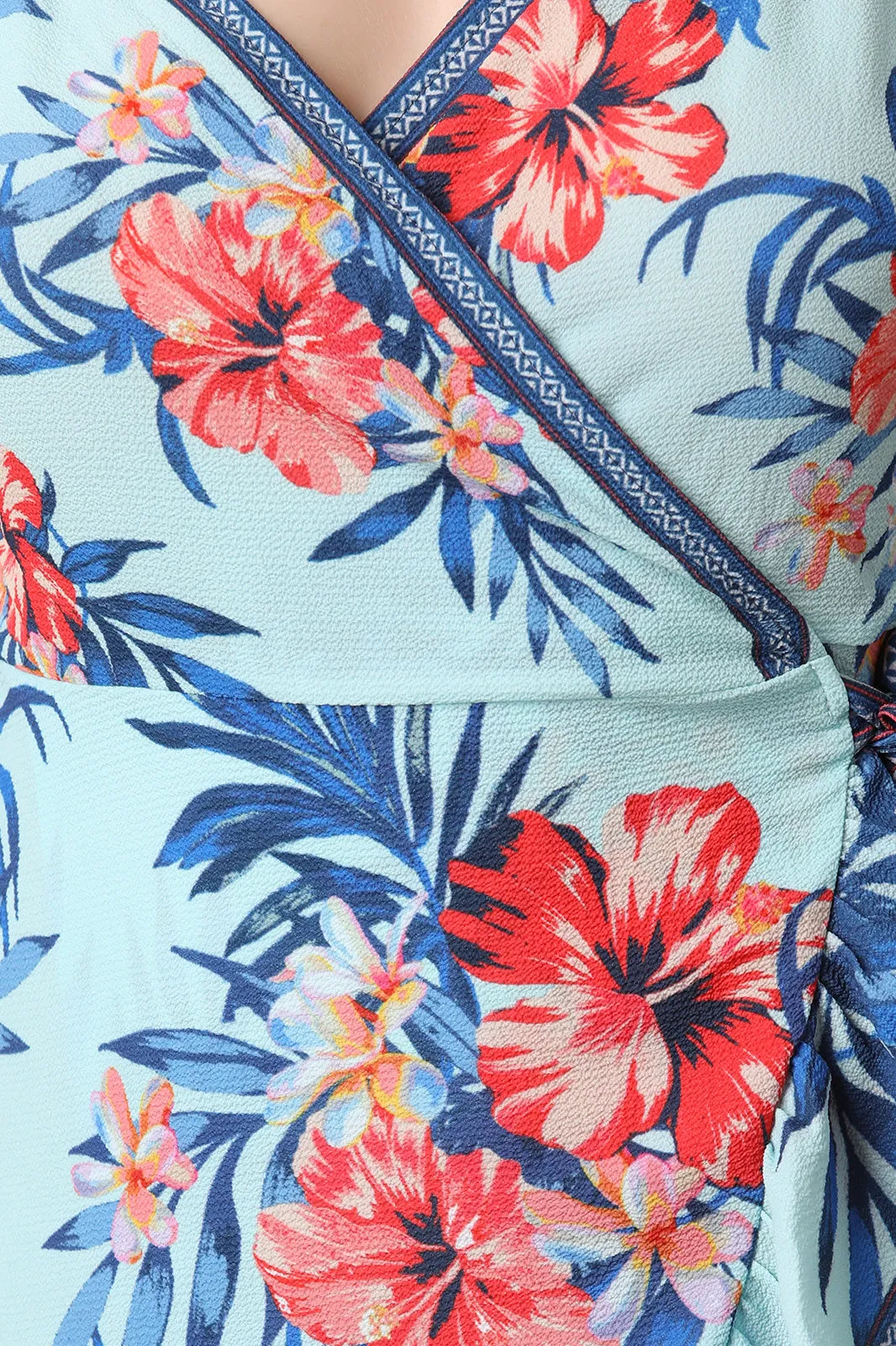 Tropical Print Ruffled Asymmetric Wrap Dress