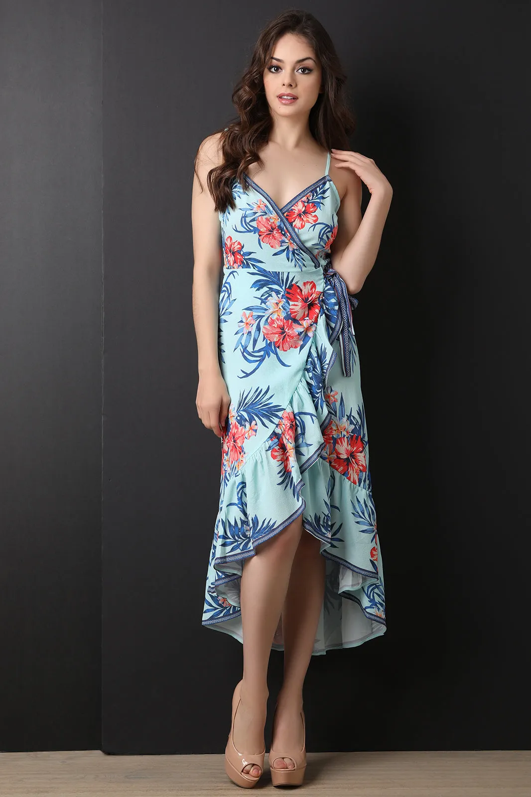Tropical Print Ruffled Asymmetric Wrap Dress