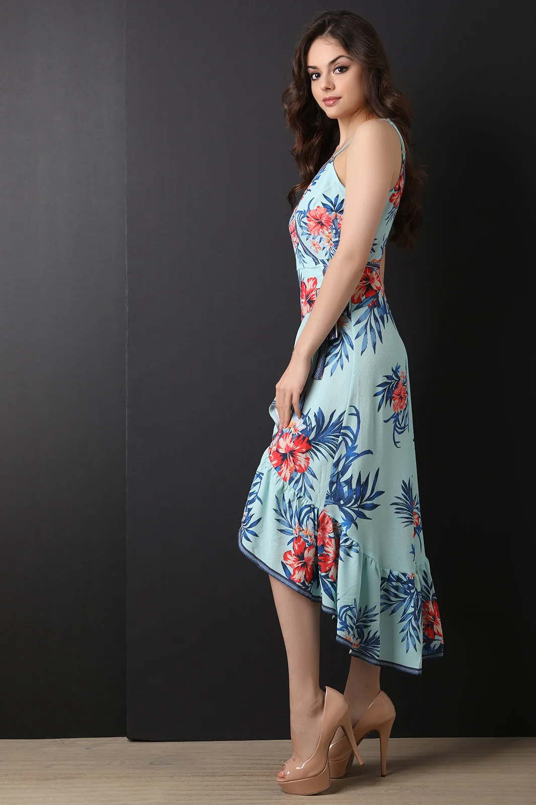 Tropical Print Ruffled Asymmetric Wrap Dress