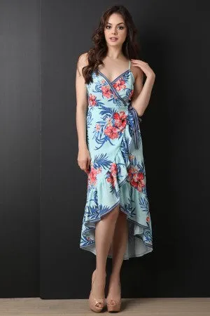 Tropical Print Ruffled Asymmetric Wrap Dress