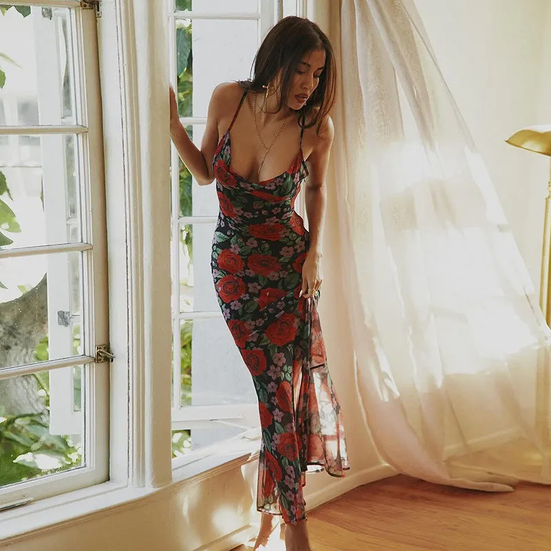 Vvsha Laela Floral Print Mesh Maxi Dress