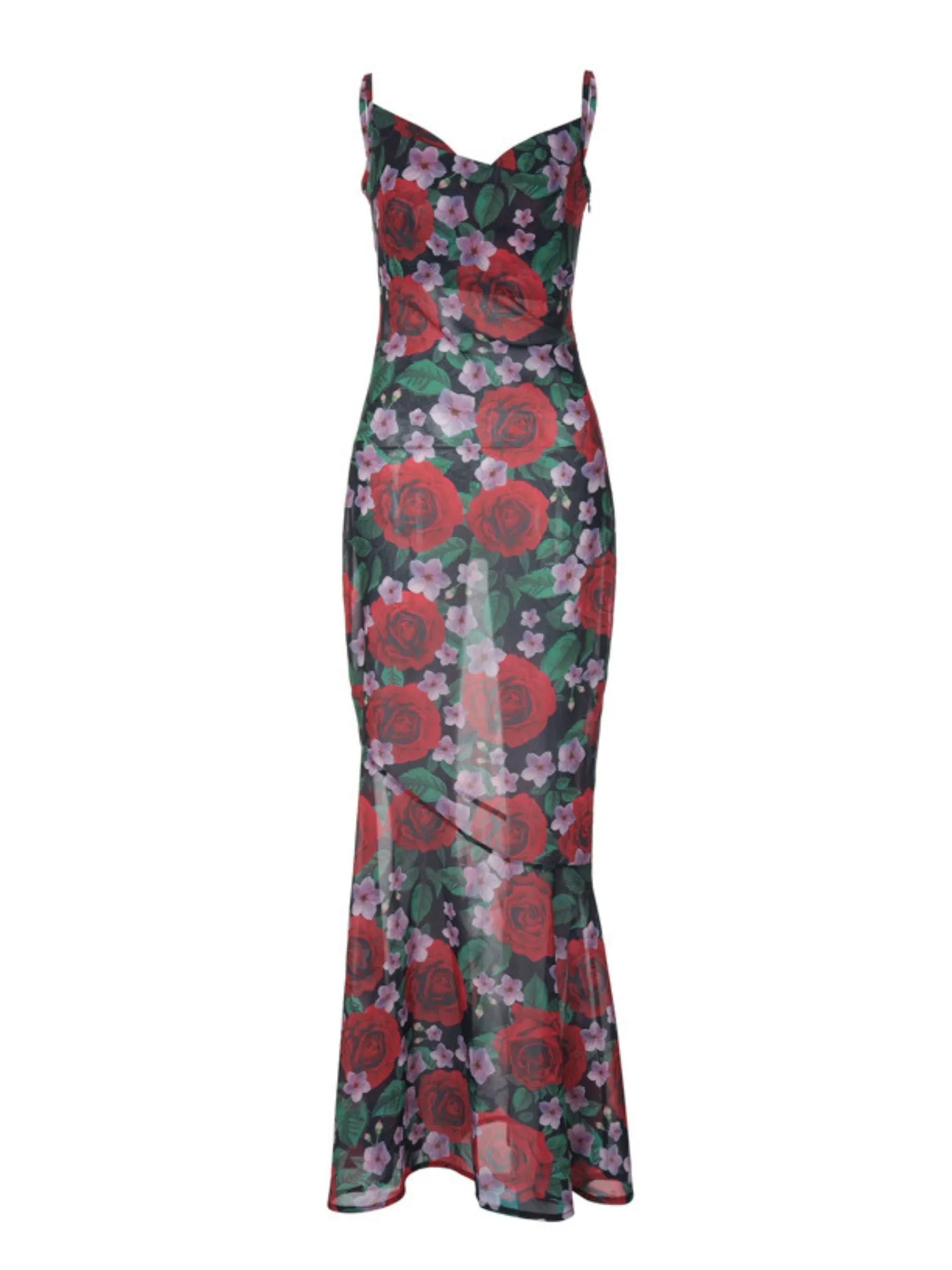 Vvsha Laela Floral Print Mesh Maxi Dress