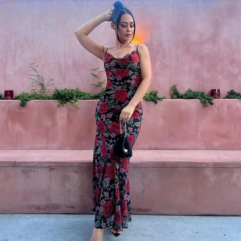 Vvsha Laela Floral Print Mesh Maxi Dress