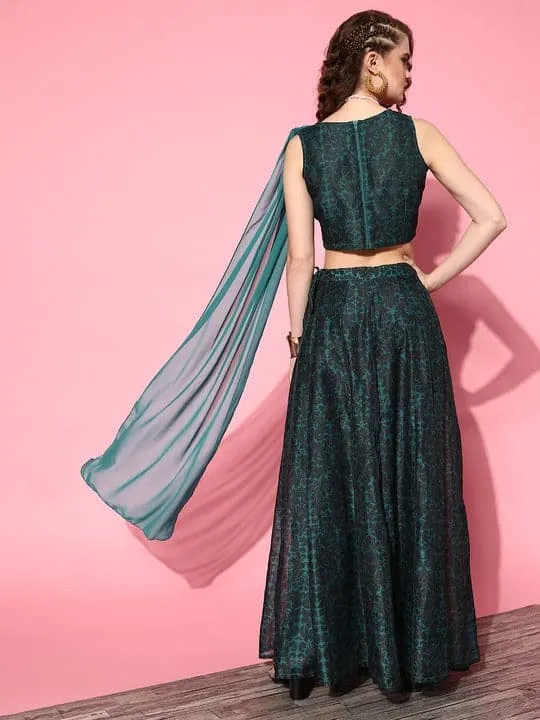 Women Teal Floral Crop Top With Anarkali Skirt