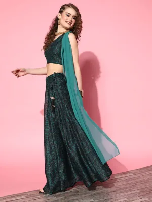 Women Teal Floral Crop Top With Anarkali Skirt