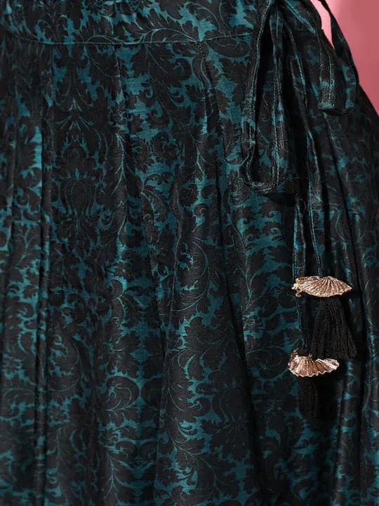 Women Teal Floral Crop Top With Anarkali Skirt